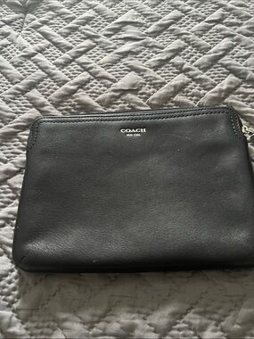 Coach Black Leather Wristlet Pouch with Silver Logo